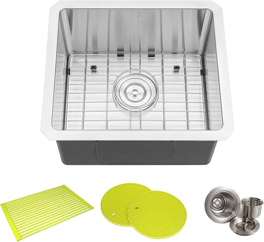 17 in. x 15 in. x 9 in. 16-Gauge Stainless Steel Undermount Single Bowl Bar Prep Kitchen Sink with Bottom Grid Set, Silicon Dishrack, Pot Mat and Strainer
