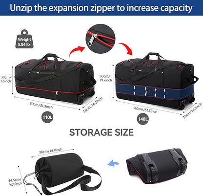 110L Expandable to 140L 32” Foldable Oxford Soft-Sided Rolling Duffle Bag with 2 Heavy-Duty Wheels,3 Large Compartments,Adjustable Shoulder Strap and Attached Organizer Pouch,Black Red