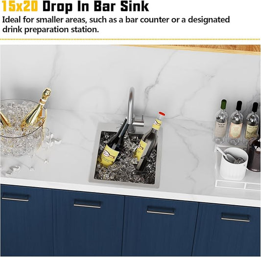 Small Kitchen Sink,15x20 Inch Bar Sink Stainless Steel Drop In Small Kitchen Sink Ideal Choice For Small Space Nice As Toprmount Prep Sink,RV Kitchen Sink With Bottom Grid,Soap Mat And Drain Assembly