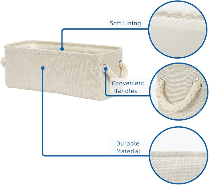 Temary Small Fabric Storage Baskets for Storage Home, Narrow Rectangle Basket with Rope Handles, Decorative Basket for Organizing Toilet Tank Top, Towels, Toilet Paper (Beige, 15Lx6Wx5.5H Inches)