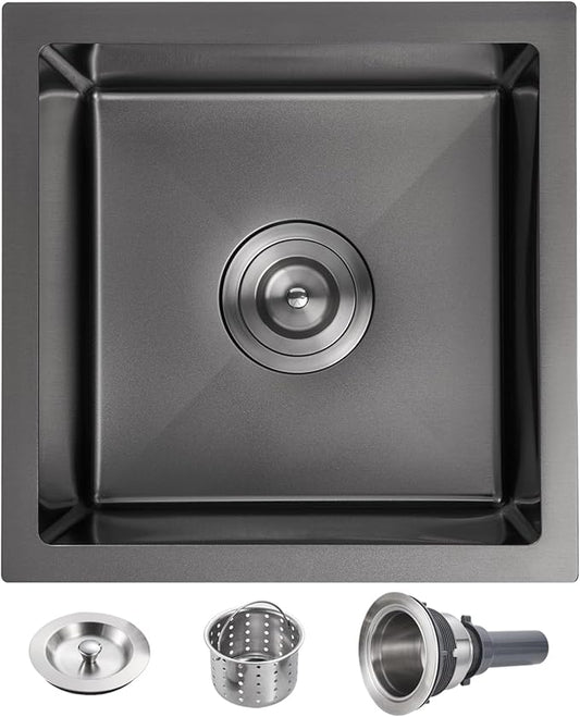 POPLFY 18 Inch Undermount Kitchen Sink, 18×18 Inch Undermount 18 Gauge Stainless Steel Single Bowl Wet Bar Prep Sink 9 Inch Deep Small Utility Sink, Black