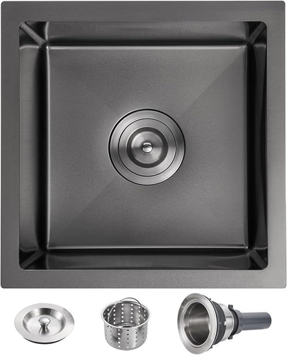 POPFLY 15 Inch Bar Sink, Black Small 15×15 Inch Undermount Kitchen Bar Prep Sink, Stainless Steel Single Bowl 18 Gauge Handmade 8 inch Deep Rv Sink