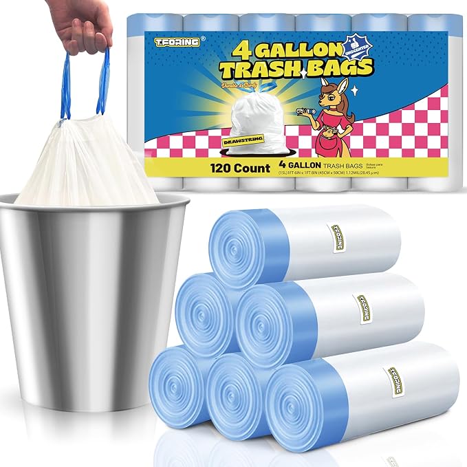 Small Trash Bags 4 Gallon with Drawstring, 1.1 Mil 15 Liter White Thick by TFORING%C2%AE
