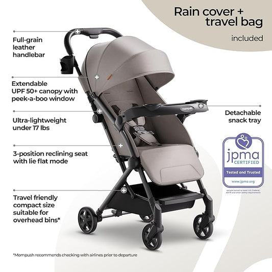 Mompush Lithe V2 Lightweight Travel Stroller, Compact Foldable Baby Stroller with Travel Bag, One-Hand Fold Stroller, Snack Tray, Mechanical Recline Seat, Airplane-Ready, UPF 50+ Canopy & Rain Cover