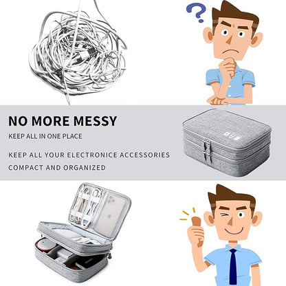 MIRLEWAIY Portable Electronics Accessories Organizer Bag Travel Charger Cable Storage Soft Case Double Layer for Hard Drives, Cord, USB, SD Cards Carrying, Grey