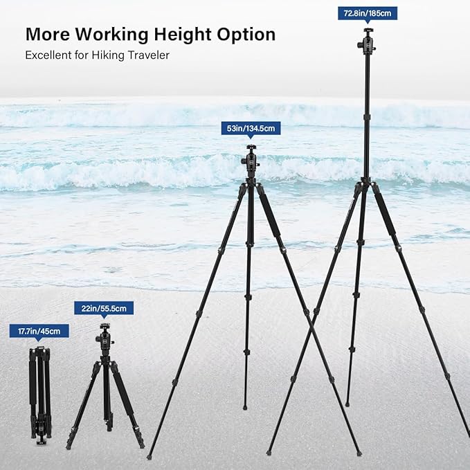 Geekoto 73-Inch Camera Tripod - Lightweight DSLR Tripod with 360° Ball Head & Quick Release Plate, Supports Up to 33.07 lbs, Portable for Travel & Outdoor Photography