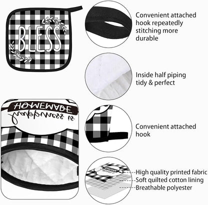 5 Pieces Buffalo Plaid Kitchen Towels Oven Mitts and Pot Holder Set Black and - Image 3