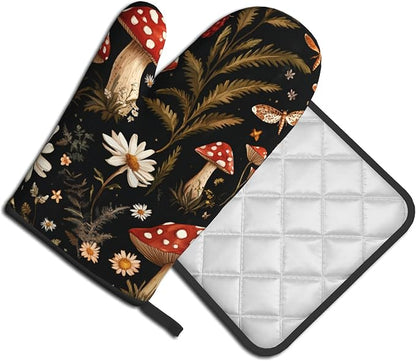 Mushroom Oven Mitt Pot Holder Set Vintage Floral BBQ Cooking Gloves - Image 2