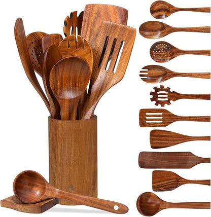 12 Piece Wooden Spoons for Cooking, Natural Teak Wooden Utensils Set, Handmade by Vorisebo