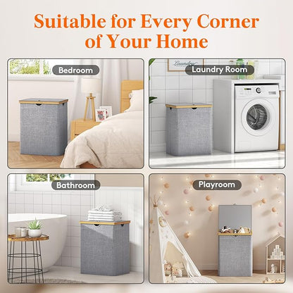Lifewit 120L Double Laundry Hamper with Lid, Extra Large Bamboo Laundry Basket Dirty Clothes Hamper, 2 Section Laundry Bin Organizer for Laundry Room Bedroom with 2 Removable Liners & Bags,Light Gray