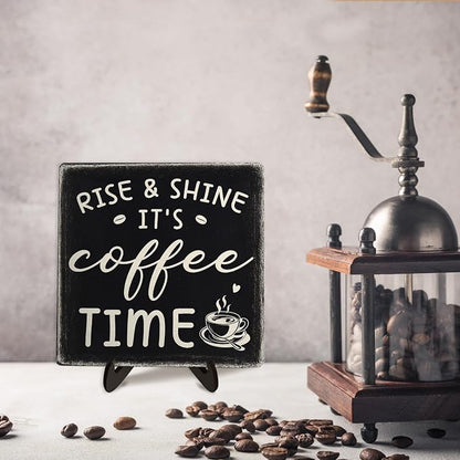 Farmhouse Coffee Bar Sign, Rise & Shine It's Coffee Time Desk Wooden Sign - Image 6