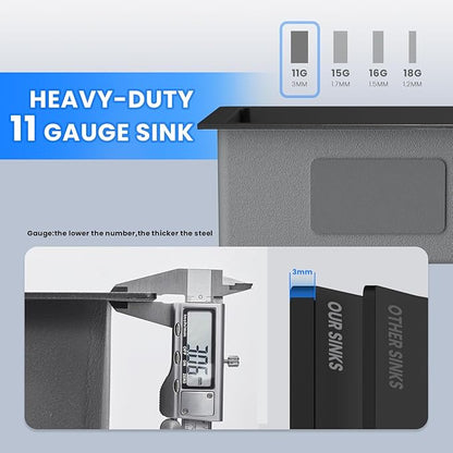 POPFLY 25x22 Inch Drop In Kitchen Sink, 25 Inch Top Mount 9 Inch Deep Single Bowl Utility Laundry SInks 18 Gauge Stainless Steel Outdoor Black Sink with 2 Holes