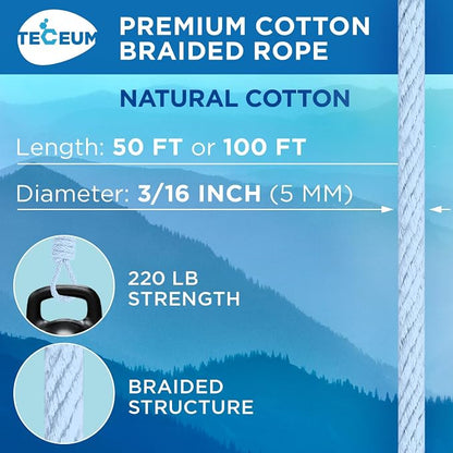 TECEUM Cotton Rope 3/16” – 50 FT – Strong All-Purpose Braided Rope – Natural - Image 2