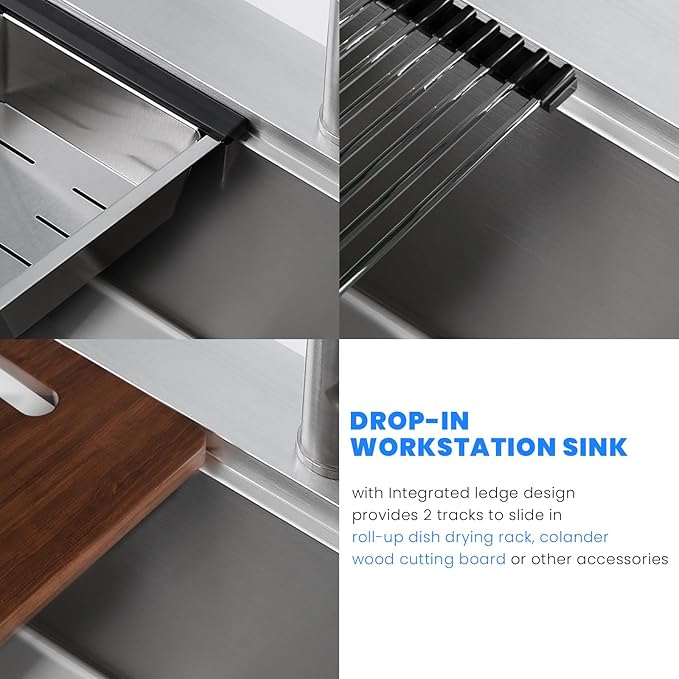 POPFLY 25 Inch Drop In Kitchen Sink, 25×18 Drop In Workstation Sink 18-Gauge 304 Stainless Steel Single Bowl Top mount 9-Inch Deep Handmade Farmhouse Sinks with Cutting Board and Strainer, Brushed