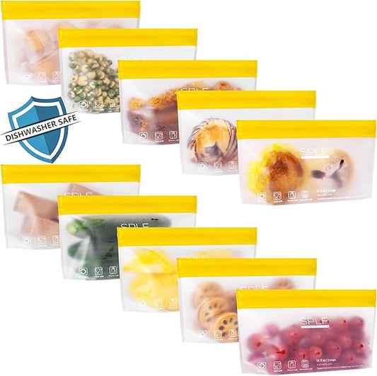 SPLF 10 Pack Stand-Up Reusable Snack Bags Dishwasher Safe, BPA Free Food Storage Bags, Extra Thick Leakproof Freezer Bags Silicone Snack Pouch For Candy, Fruits, Cereal, Home Organization