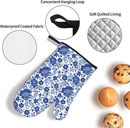 Navy Blue Floral Oven Mitts and Pot Holders Sets, Heat Resistant Oven Gloves - Image 5