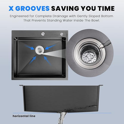 POPFLY 25x22 Inch Drop In Kitchen Sink, 25 Inch Top Mount 9 Inch Deep Single Bowl Utility Laundry SInks 18 Gauge Stainless Steel Outdoor Black Sink with 2 Holes