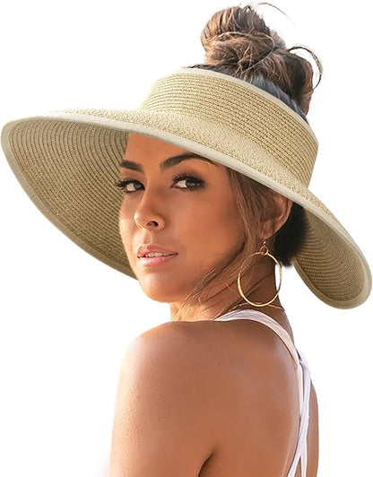 FURTALK Sun Hats for Women Wide Brim Beach Hat Straw Visor Ponytail Summer UV Packable Foldable Beach Vacation Essentials