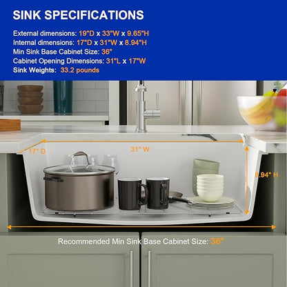 Dcolora 33" Quartz Granite Composite White Kitchen Sink Undermount Sink Deep Single Bowl, Round Corner, 33"x19", DC-GU7750