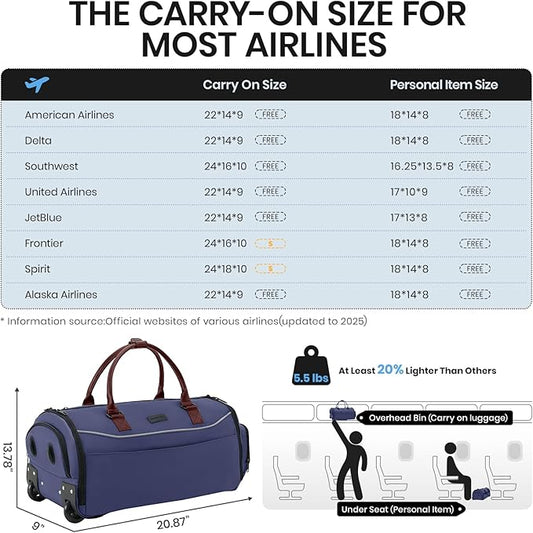 Fanwoli 3-in-1 Rolling Garment Bag for Travel, Wheeled Carry-On Luggage with Shoe Storage & Detachable Organizer, Wrinkle-Free Compartment for Suits/Dresses/Wedding Gowns, Fits Most Airline Size
