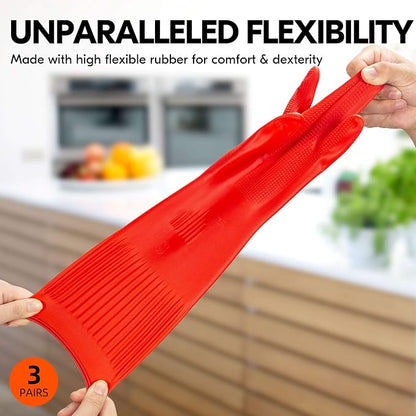 Vgo... 3-Pairs Dishwashing Gloves, Reusable Household Gloves, Long Sleeve - Image 3