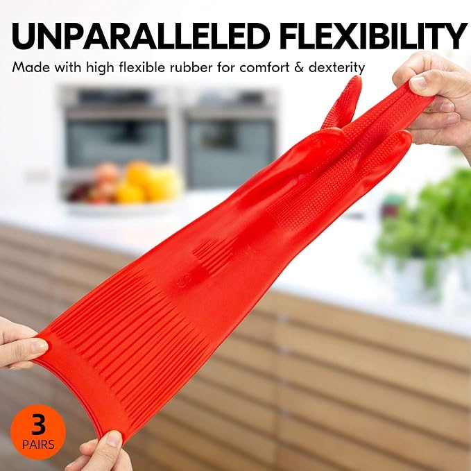 Vgo... 3-Pairs Dishwashing Gloves, Reusable Household Gloves, Long Sleeve - Image 3