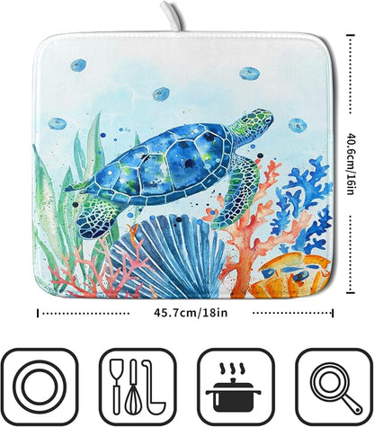 Giwawa Sea Turtle Dish Drying Mat 16x18in Watercolor Blue Tortoise Dish Drainer - Image 2
