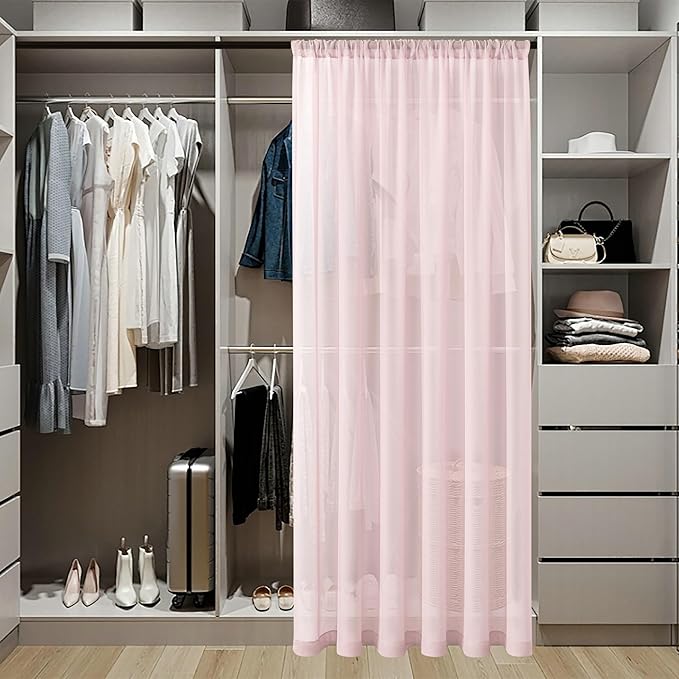 Tollpiz Small Sheer Linen Textured Curtain Sheers Doorway Light Filtering Voile French Door Rod Pocket Curtains, 25 x 40 inches Long, Pink, Set of 1 Panel