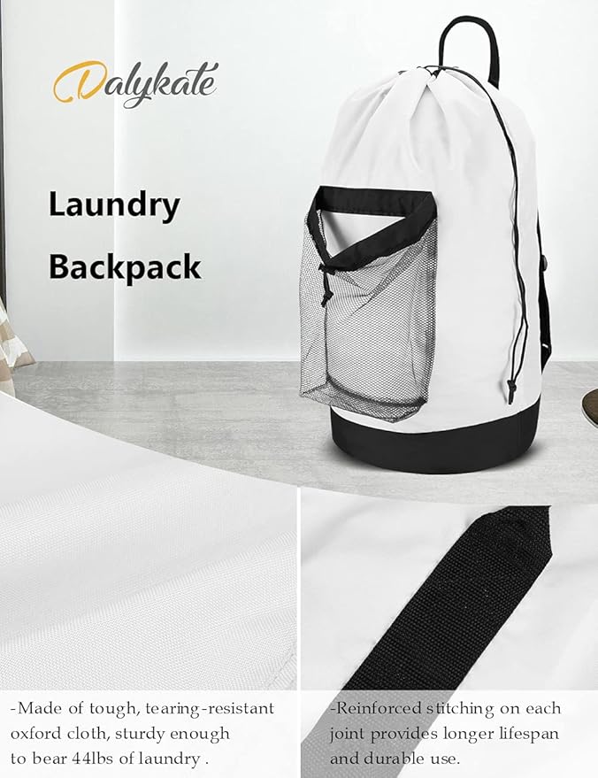 Dalykate Backpack Laundry Bag, Laundry Backpack with Shoulder Straps and Mesh Pocket Durable Nylon Clothes Hamper Bag with Drawstring Closure for College, Travel, Laundromat, Apartment