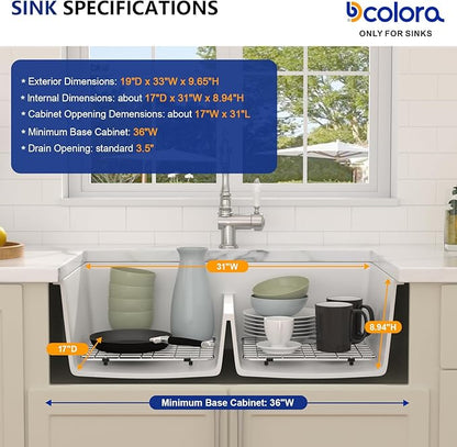 Dcolora 33 Inch Granite Compoisite Kitchen Sink White Undermount Kitchen Sink 50/50 Double Bowl Workstation Elegant Under Counter basin 33"×19“×10”，#DC-GX3327
