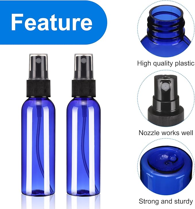 uxcell 10 Pack Spray Bottles, 2 Oz/60ML Reusable Clear Empty Mist Plastic Mini Travel Bottle Set,Small Refillable Liquid Containers for Household Use, Cleaning (Blue Black)