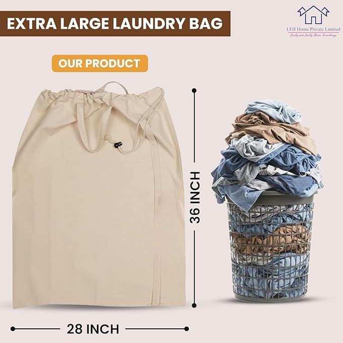 LFH Home Large Premium 100% Cotton Canvas Laundry Bag with Drawstring and Handles Heavy Duty, Multi-Use, and Washable for Home, Travel, College or Storage 28x36 (Pack of 2)-Natural