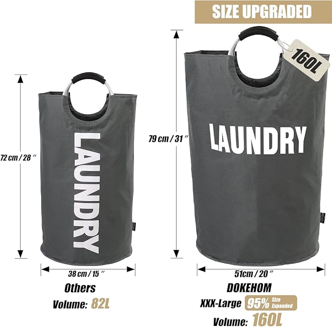 DOKEHOM 160L XX-Large Laundry Basket (7 Colors), Collapsible Laundry Bag, Foldable Laundry Hamper, Folding Washing Bin (Dark Grey, XXL)