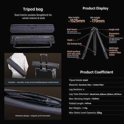 FALCAM TreeRoot Carbon Fiber Medium Tripod, 4-Section Legs, 50kg Vertical Load, 30mm Large Diameter, Quick Lock Tripod Only-T00A4901
