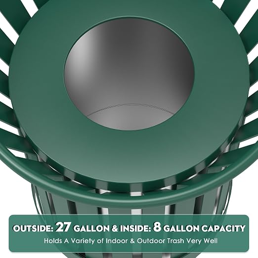8Gallon Round Large Outdoor Trash Can, Heavy Duty Metal Slatted Garbage Can - Image 4