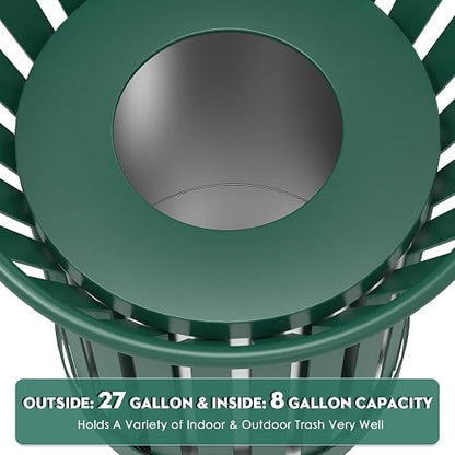 8Gallon Round Large Outdoor Trash Can, Heavy Duty Metal Slatted Garbage Can - Image 4