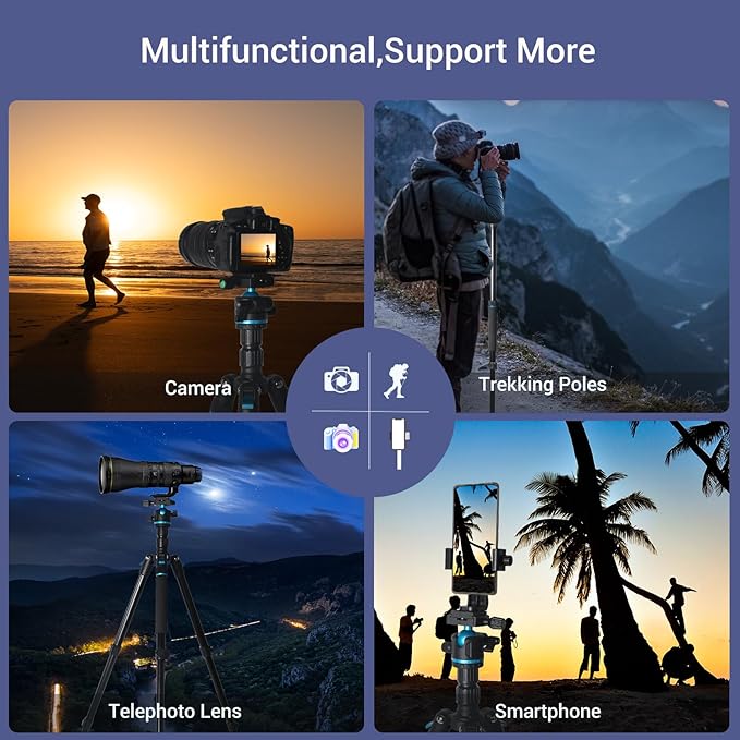 Camera Tripod, 68" / 174cm Lightweight Travel Monopod with 360°Ball Head Payload 15 lbs, Adjustable Height from 17" to 68" Professional Stand for DSLR Camera Shooting