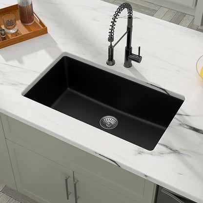 Dcolora 33 Inch Granite Composite Kitchen Sink, Black Undermount Kitchen Sinks Deep Single Bowl, 33"x19", Round Corner, DC-GU7749