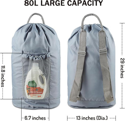 Backpack Laundry Bag, Large Laundry Backpack with Detergent Holder and Adjustable Shoulder Straps for College Travel Dorm Room (Gray)