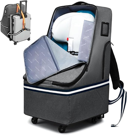Rolling Car Seat Travel Bag, Padded Carseat Travel Backpack for Airplane,Large Durable Travel Bag with 4 Wheels,Adjustable Shoulder Strap and Waterproof Base Dark Grey