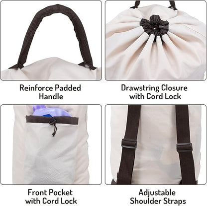 Laundry Bag Backpack with Shoulder Straps and Detergent Holder Clothes, Travel Laundry Backpack Bag Hamper for College Dorm Room (Khaki w Brown)