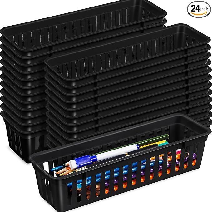 Domensi 24 Pcs Slim Plastic Storage Baskets Tray for Organizing 10.25 x 3.25 x 2.5 Inch Small Storage Bins Stackable Drawer Pencil Trays Holder for Desk Garage Office Containers(Black)