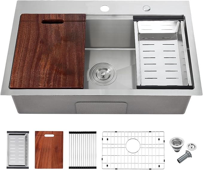 POPFLY 28 x 20 Inch Kitchen Sink, 28 Inch Stainless Steel Top Mount Drop in Workstation Sink, 9-Inch Deep Handmade Sinks with Cutting Board & Strainer, Brushed Nickel（28×20×9）