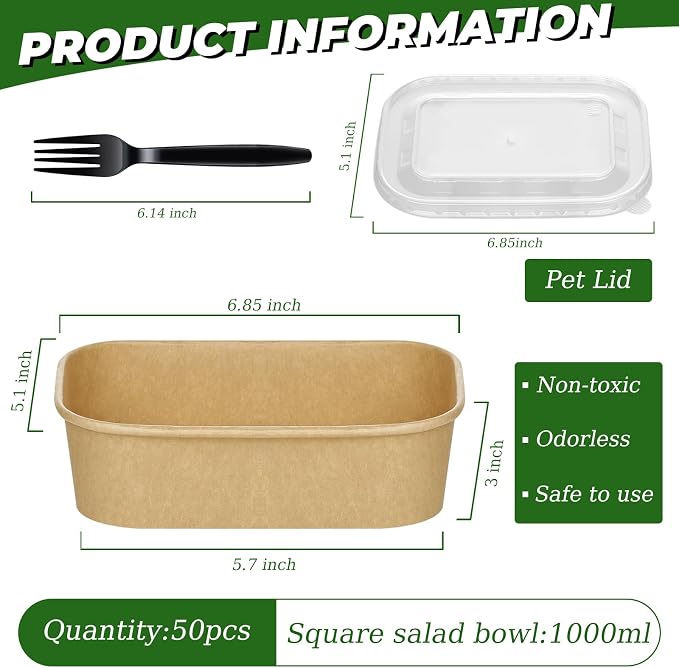 50-Pack 35oz Disposable Kraft Paper Bowls【with Lids and Forks】, Large Meal Prep - Image 2