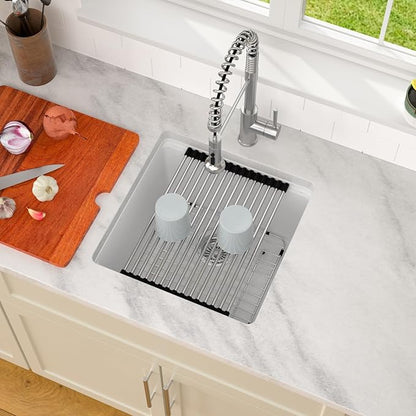 Dcolora 18 Inch Wet Bar Sink Granite Composite White Undermount Small Kitchen Sink Single Bowl With Workstation #DC-GU0001WS