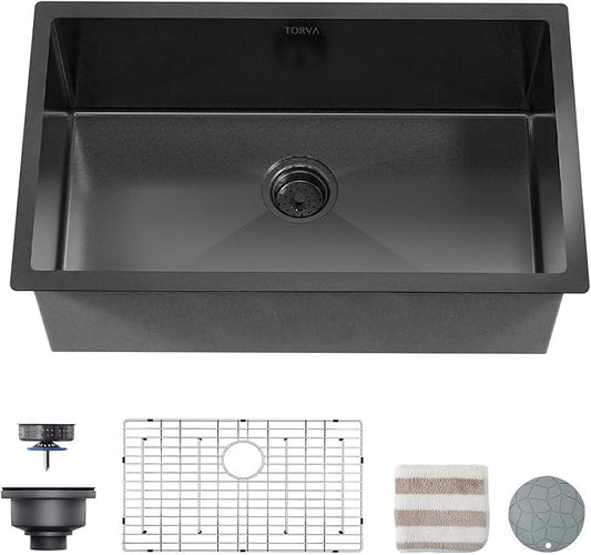 TORVA 30 x 18 Inch Black Ceramic Coating with NanoTek Undermount Kitchen Sink, PVD Coated Gunmetal Sink,16 Gauge Stainless Steel Wet Bar or Prep Sinks Single Bowl,Dark Grey