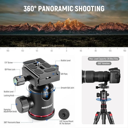 NEEWER 66"/168cm Carbon Fiber Tripod for Camera with 360° Panorama Ball Head, 1/4" Arca QR Plate, Portable Bag, Compact Travel Tripod Monopod for DSLR Video Camcorder, Max Load 26.5lb/12kg, N55C