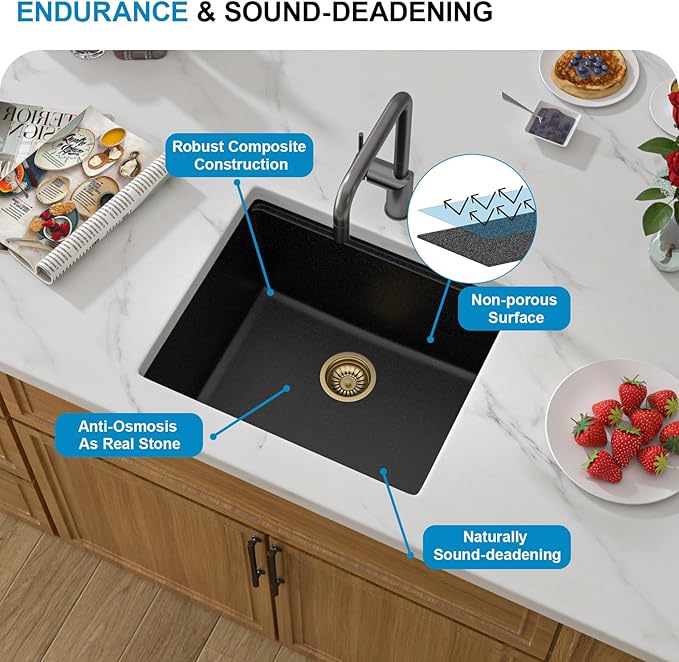 21 Black Granite Composite Bar Sink 18x18 Single Bowl Not Easily Stained Undermount Small Kitchen Sink Small Wet Bar Sinks with Workstation Quartz Natural Stone