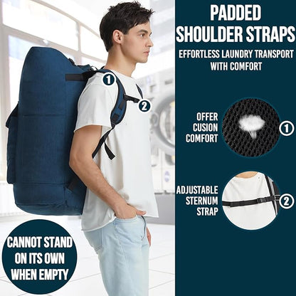 Laundry Backpack Heavy Duty, 115L Extra Large Laundry Bag with Straps, Dorm Room Essential for Guys, Backpack Laundry Bags with 4 Pockets, Laundry Hamper Bags for College Dorm, Apartment, Laundromat