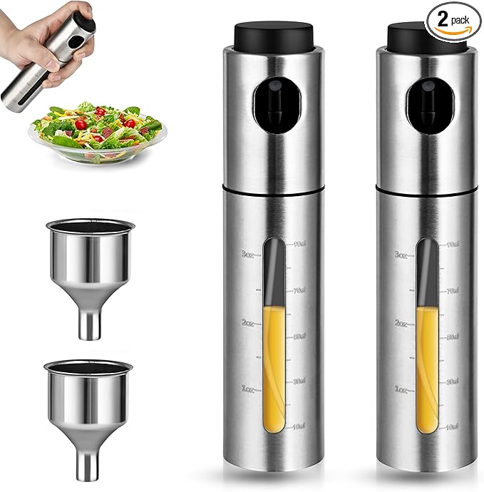 2 Pack Oil Bottle for Cooking,100ml Stainless Steel Cooking Oil Spray Bottle for Salads, BBQS and More,One-Handed Use (2 PCS)